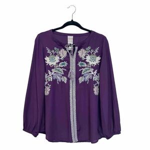 Chico's Blouse Womens 1 Medium Embroidered Floral Sheer Peasant Boho‎ Prairie